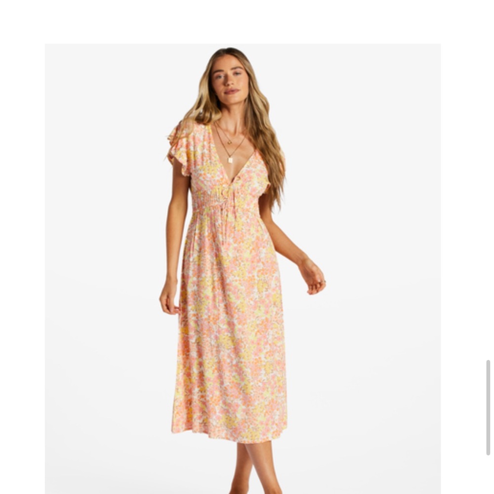 Billabong Pink and Orange Ruched Ruffled Midi Sundress